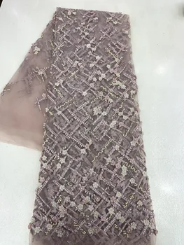 

5 Yards New Design Peach With Green Beads Embroidery Tulle Lace Fabric For Women Party Dress With Sequins Handmade Mesh Lace