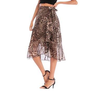 

Women Summmer Leopard-print Skirt Sexy Irregular Hem Light Skirt High-waist Lace-up Chiffon Printed Skirt
