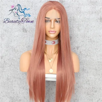 

BeautyTown HandTied Rose Pink Heat Resistant Straight Cosplay Drag Queen Celebrity Girl Wedding Party Synthetic Lace Front Wig