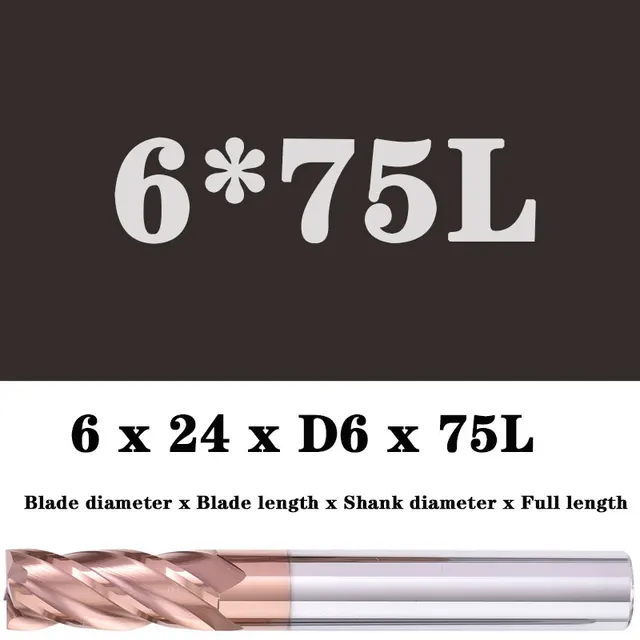 Milling Cutter Alloy Coating Tungsten Steel Tool Maching Hrc55 Endmill Milling Cutter Kit Milling Machine Tools cnc Router Bits 6.0x24XD6X75L