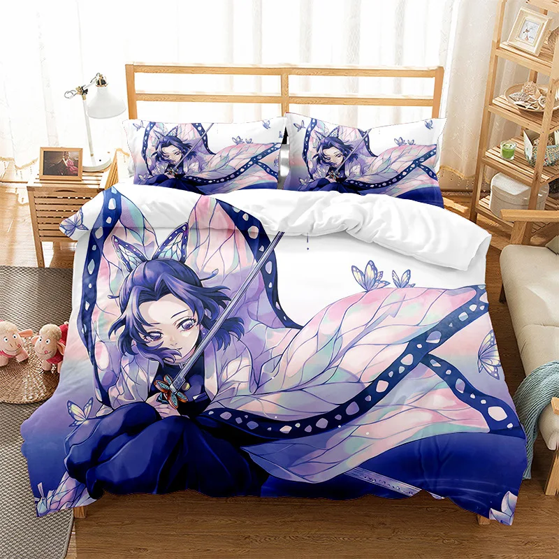 Demon Slayer Bedding Set with Zipper Pillowcases Polyester Microfiber 2/3 Piece Anime Comforter Set Bedspreads for Home Decor