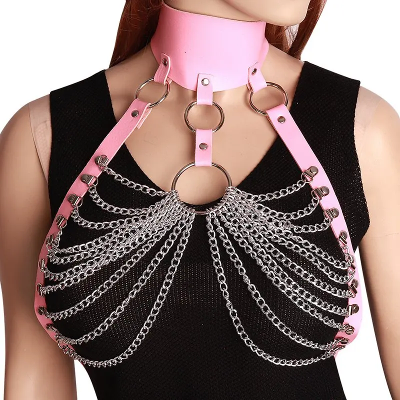 Sexy Leather Harness Pink Straps Metal Chain Punk Goth Belt Chest Crop Top Hollow out Adjustable Dance Party Rave Women Lingerie