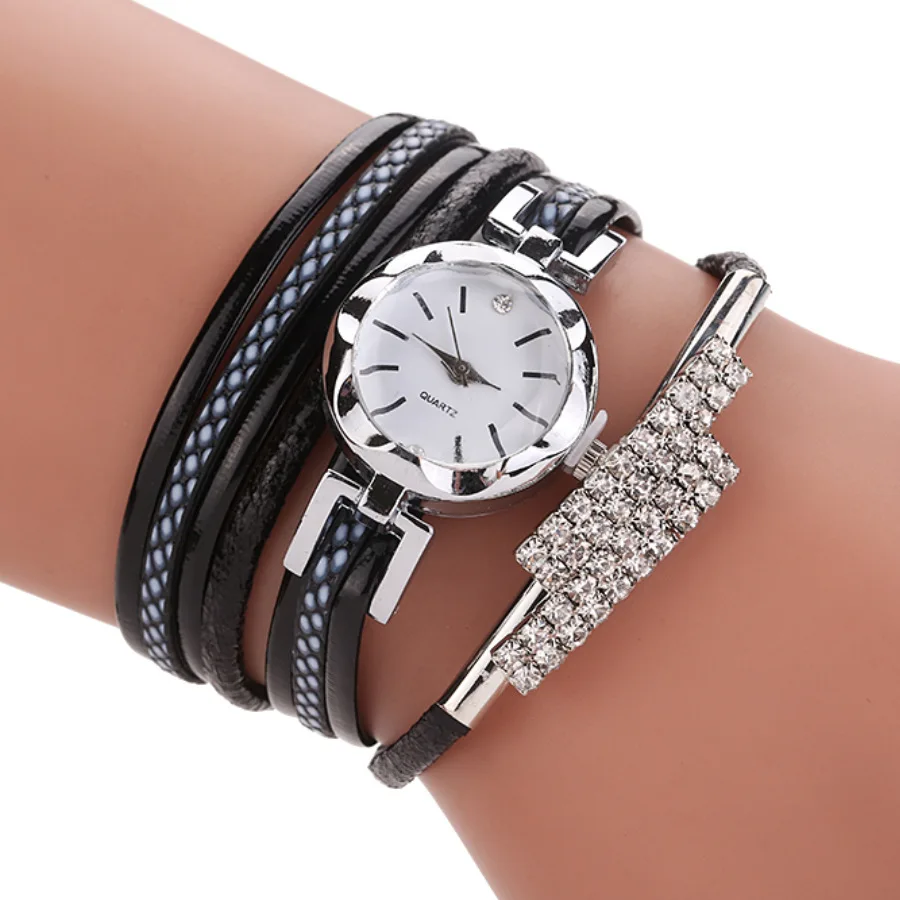 Высокое качество, новые изящные PU модные женские часы-браслет, простые кварцевые часы, стразы, женские часы, montre femme