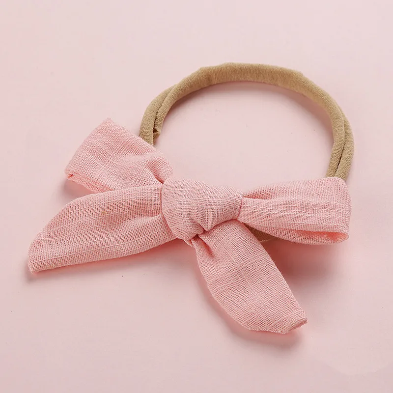 New Baby Toddler Cotton Linen Nylon Bow Headband Solid Color Seamless Kids Top Bows Elastic Hair Bands Headwrap Hair Accessories - Цвет: peach