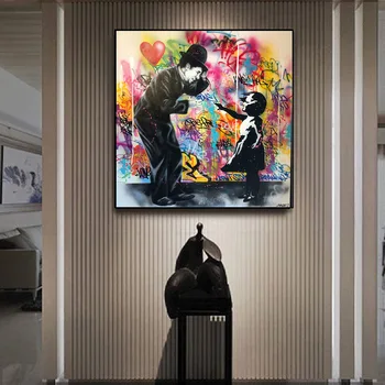 

Funny Street Graffiti Canvas Painting Chaplin and The Child Wall Art Poster and Prints Pictures for Home Living Room Decor