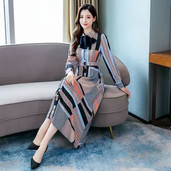 

Women Fashion Dress 2020 Autumn New Long-Sleeve Slim Single Breasted Shirt Dress Lady Chiffon Printed Fairy Skirt Bow Longuette