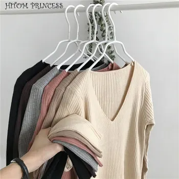 

HITOM PRINCESS Autumn V Neck Slim Basic Sweater Women Pullover Jumper Winter Ribbed Knitted Sweater Korean Knitwear Pull Femme