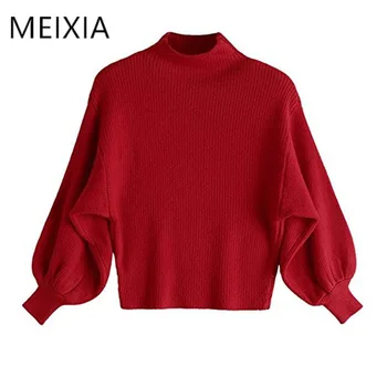 

Fashion Loose Bat Sweater Women 2020 Autumn Puff Sleeve Knitted Sweater Women Pullover Slime Loose White half Turtleneck