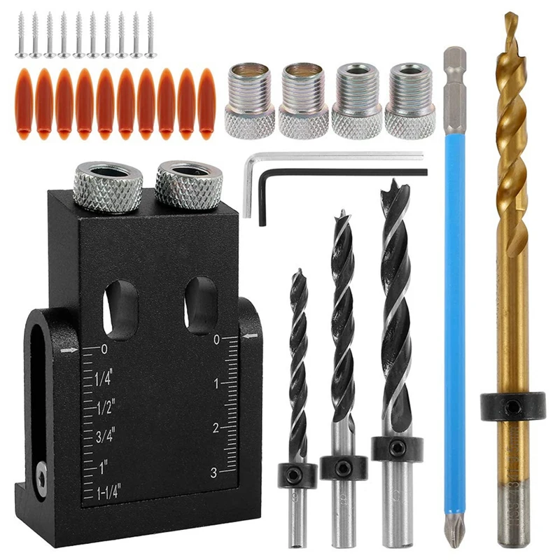 15 Degree Pocket Hole Jig Woodworking Inclined Hole Jig 6/8/10mm Drill Bits Kit 