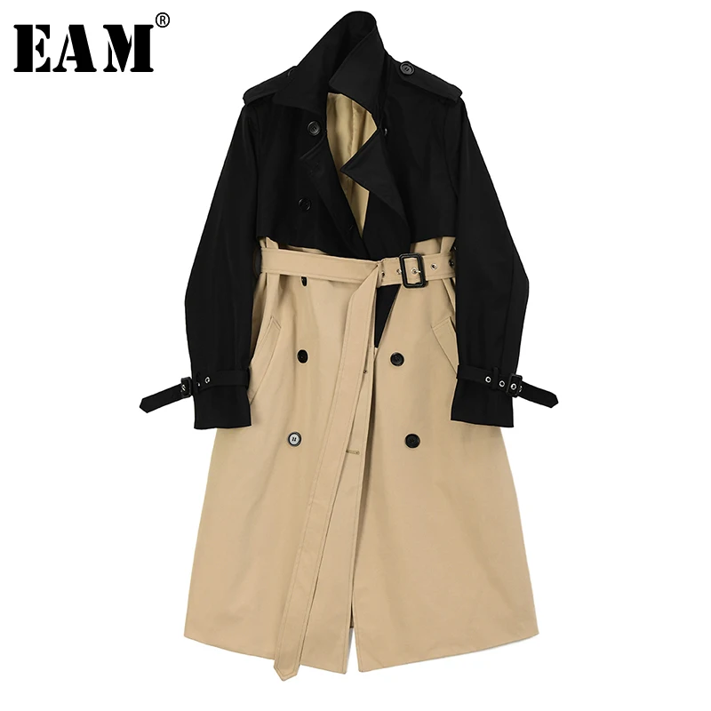 

[EAM] Women Contrast Color Stitch Long Trench New Lapel Long Sleeve Loose Fit Windbreaker Fashion Tide Spring 2020 1R751