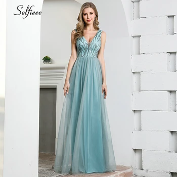 

Sexy Blue Women Dresses A-Line Deep V-Neck Sleeveless Sequined Tulle Maxi Dress Ladies Summer Party Dress Vestido De Festa 2020
