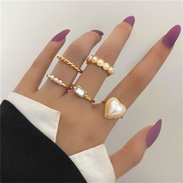 Heart Rings Set Silver Black Alloy Hollow Pearl Love Rings Couples Lovers Valentine's Day Party Gift for Women Girls