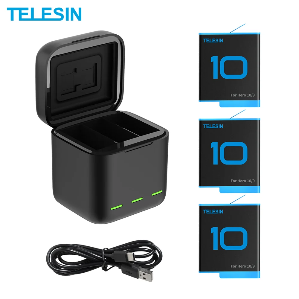 TELESIN 1750mAh Li ion Batteries For GoPro Hero 10 9 Black Battery Charger with TF Card