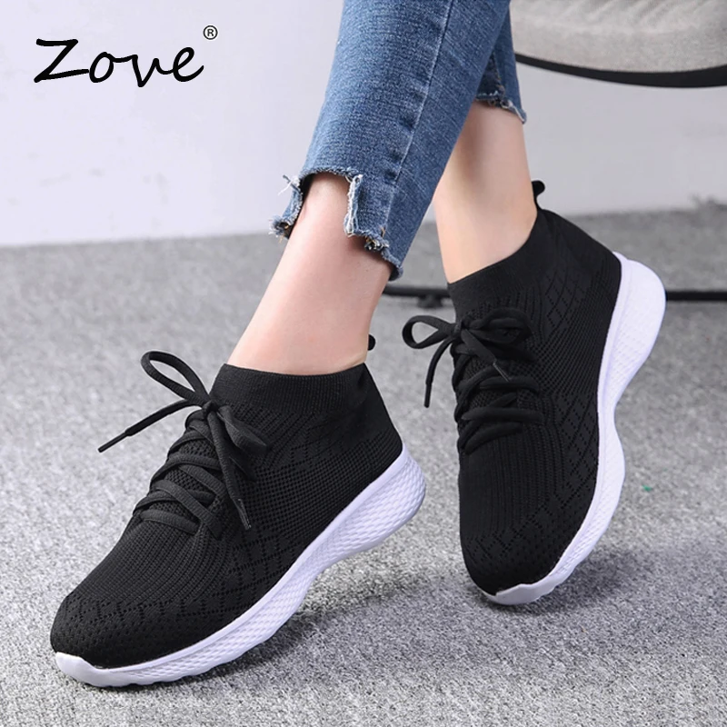 

ZOVE Women Sneakers Shoes 2019 Autumn Breathable Mesh Flat Shoes Casual Walking Shoes Lace Up Flat Platform Sneakers Sock Shoes