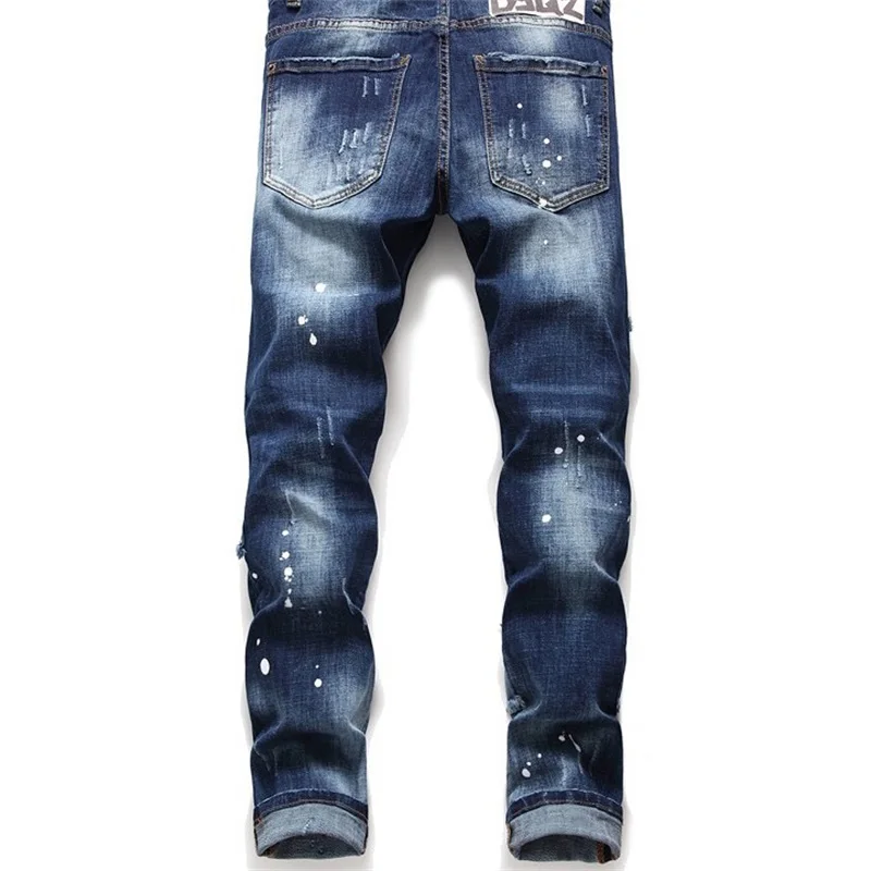 EH·MD® Double-layer Scratched Ripped Jeans Men's Zipper Decoration Splashed Ink Soft Slim Cotton Stretch Pants Four Seasons 2022