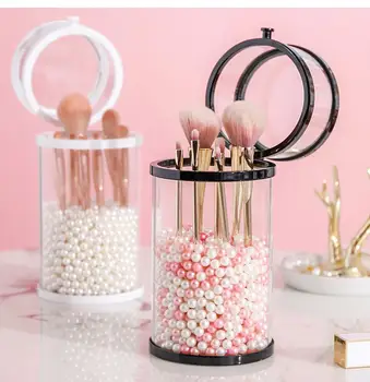 

Glass Makeup Brush Storage Box Cosmetic Brush Organizer Pen Pencil Storage Holder Lisptick Manicure Pearl Storage Rack with Lid