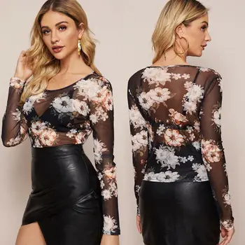

New Women Long Sleeve Sexy Mesh Sheer Floral Tops Blouse Cover Up Tunic Shirt Ladies Transparent Flower Printed Summer Blouse