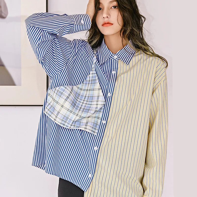 SHENGPALAE 2020 New Fashion Shirt Female Top Long Sleeve Casual Turn-down Collar Women's Loose Hit Color Irregular Blouse ZA3228 | Женская