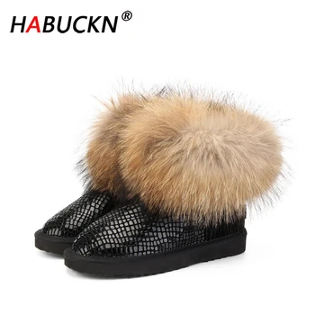 

HABUCKN Women natural real fox fur snow boots fashion boots for women high quality genuine cow leather winter Ankle Large boots