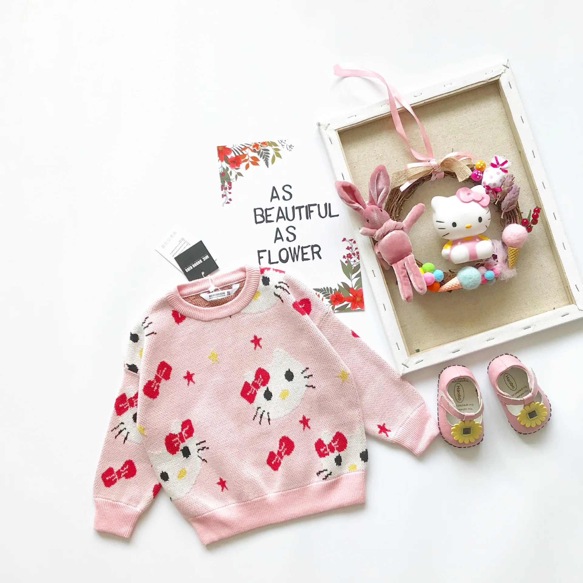 

Tonytaobaby Autumn and Winter New Girl's Sweater Lovely Round Neck Cartoon Cat Pink Knitted Pure Cotton Sweater Girls Sweaters