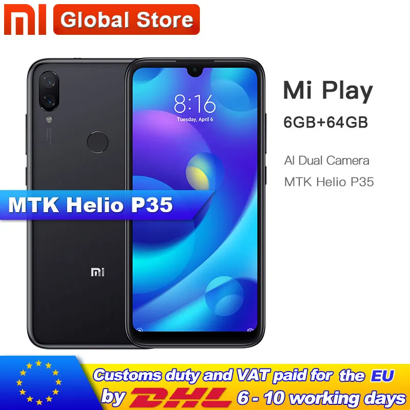

Xiaomi Mi Play 64GB ROM 6GB RAM Smartphone Octa Core MTK Helio P35 Telephone 5.84" 19:9 Full Screen Dual 12MP+2MP AI Camera