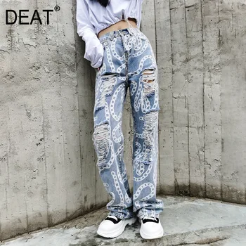 

DEAT Autumn and winter high waist hollow out chain printed full length denim pants female jeans vintage street WO11205L