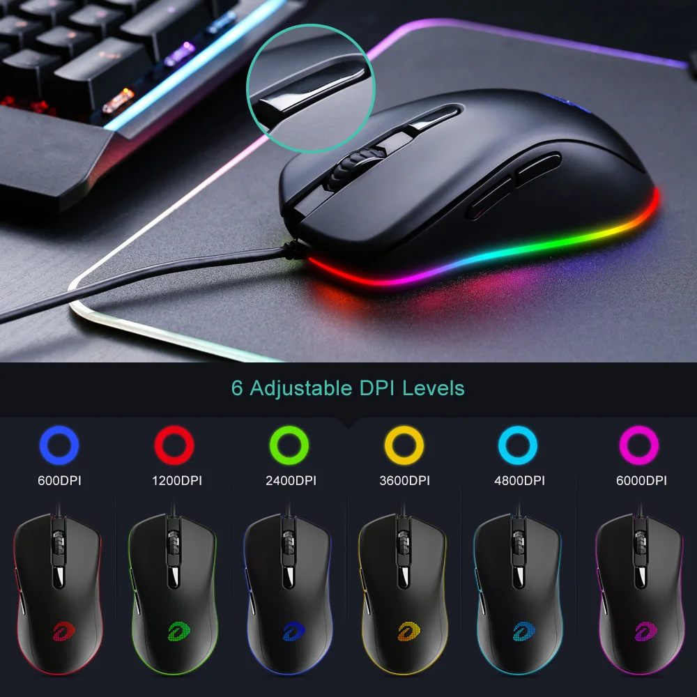 Проводная игровая мышь DAREU EM908 с RGB 6 программируемых кнопок датчик ATG4090 6000 DPI 150 IPS