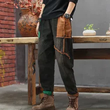 Осень-зима, джинсы в стиле ретро, женские свободные джинсовые штаны с эластичной резинкой на талии, женские джинсы, новинка, повседневные джинсовые брюки со вставками