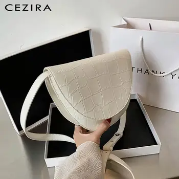 

CEZIRA Solid Color PU Leather Women Shell Bag Simple Crocodile Pattern Handbag Female Fashion Crossbody Saddle Flap Shoulder Bag