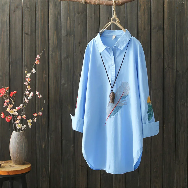 

Blue Embroidered Feather Women Medium Long Cotton Shirt Loose Spring Autumn High Quality Casual Tops Blouses Chemise Femme