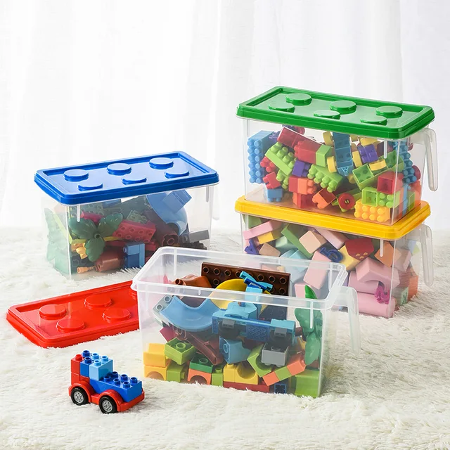 Boîte de rangement de blocs de construction pour enfants, avec poignée, organisateur de jouets, boîte de rangement domestique anti-poussière, conteneur de blocs empilable 2