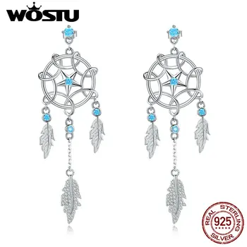 

WOSTU Authentic 925 Sterling Silver Dreamcatcher Drop Earrings Classic Three Leaf Capture Dream Earrings For Women CTE222