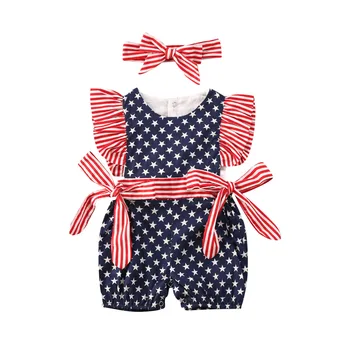 

Independence Day Corset Bow Robe Newborn Baby Girl Ruffled Solid Color Sleeveless Backless Romper Jumpsuit Outfit Sunsuit