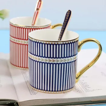 

Quality Bone China Geometric Lines Mug Hotel Restaurant Coffee Cup Gold Edge Luxury Milk Mug with Spoon France Flower Teacup