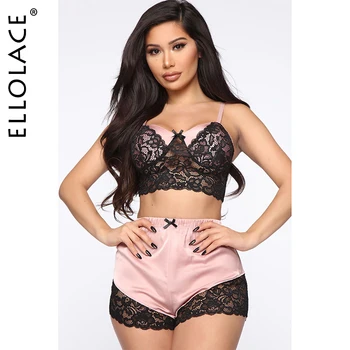 

Ellolace Lace Pajamas Sets Women Pyjama Sexy Sleepwear Sets Top and Shorts Black Night Suit Set Sleeveless Homewear Wholesale