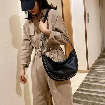 

Women PU Leather Shoulder Crossbody Sling Bag High-quality Portable Personality Comfortable Semicircle Rivet Messenger Handbag