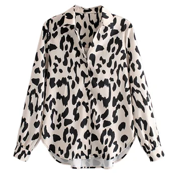 

Women Leopard Print Animal Pattern Long Sleeve Back Pleated Shirts Office Wear Tops FFZSY561