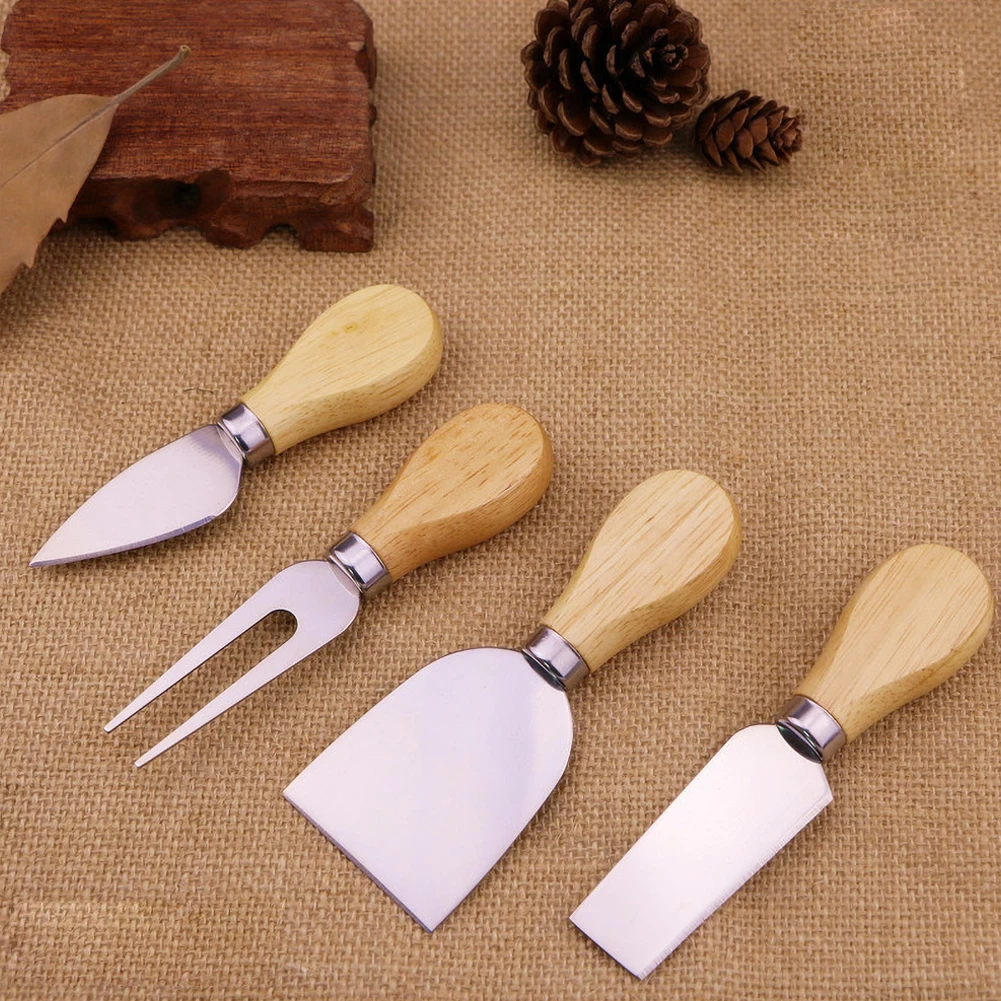 

Fast delivery 4pcs Stainless Kitchenware Oak Wood Handle Cheese Butter Blade Fork Knives Set kitchen tools gift