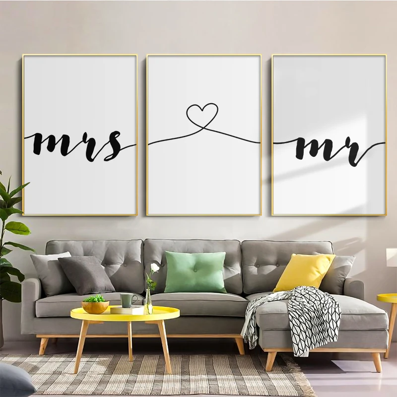 Черно белая любовь фраза Mr & Mrs холст живопись плакаты и принты гостиная спальня