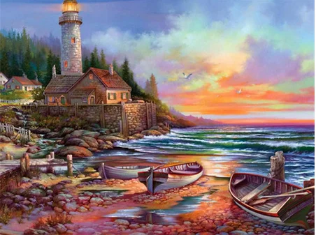 Сливовый Алмазная картина Маяк дом морское побережье, закат пейзаж Алмазная вышивка крестом картина домашний Декор Рождественский подарок - Цвет: Сливовый
