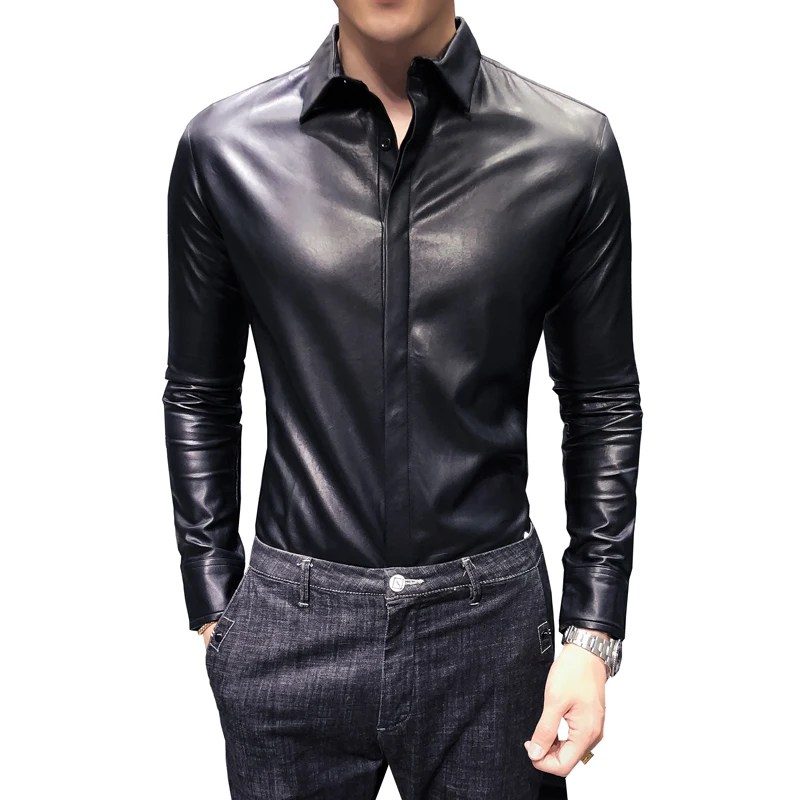 Кожаные Рубашки мужские черные рубашки Slim Fit Ночной клуб наряды сексуальная кожаная мужская корейская модная одежда мужские западные рубашки
