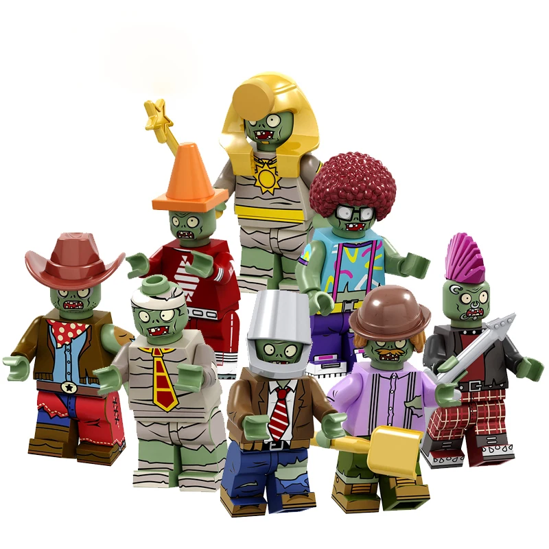 

8Pcs/Set City Heroes Plants VS Zombies Conehead Bucket Afro Explorer Pharaoh Cowboys Building Block Toys Gift Compatible PG8197