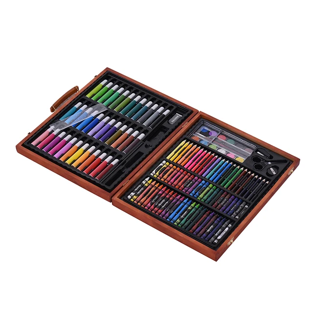 ART QIDOO 143 Piece Deluxe Art Set, Wooden Art Box & Drawing Kit with  Crayons, Oil Pastels, Colored Pencils, Watercolor Cakes, Sketch Pencils,  Paint Brush, Sharpener, Eraser, Color Chart
