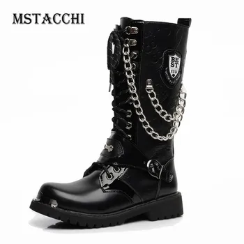 

Mstacchi Woman Chain Motorcycle Boots Decoration Flat Knightly Boots Cross-tied Metal Punk Rivet Leather Belt Patchwork Girl PU
