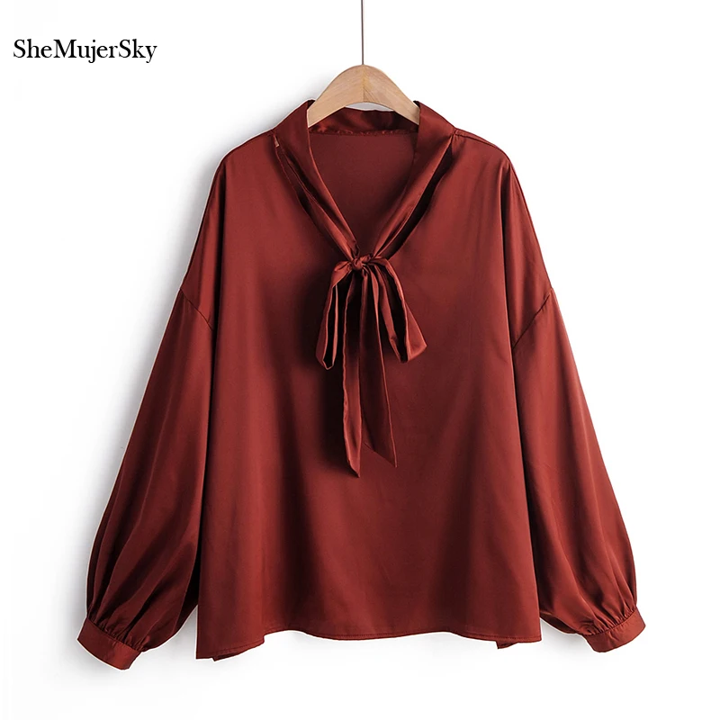 Женская атласная блузка SheMujerSky винного цвета Осенние Топы с длинным рукавом и