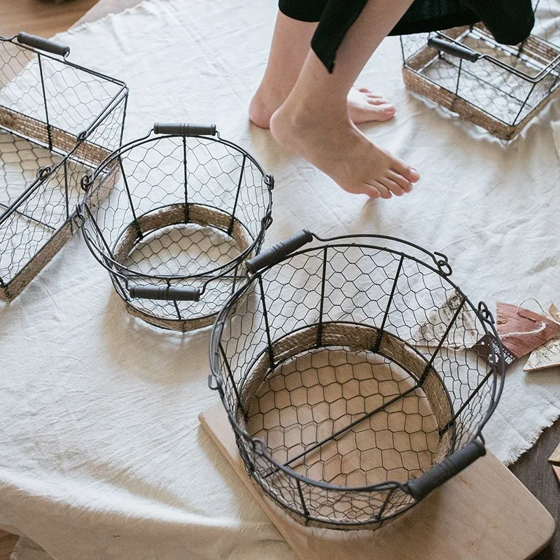 Handwoven Metal Wire Egg Basket Retro Vintage Wire Storage Basket