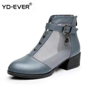 

Women Boots Thick Heels Platform Shoes Buckle Autumn Summer Net Boots For Women Genuine Leather Ankle Boots
