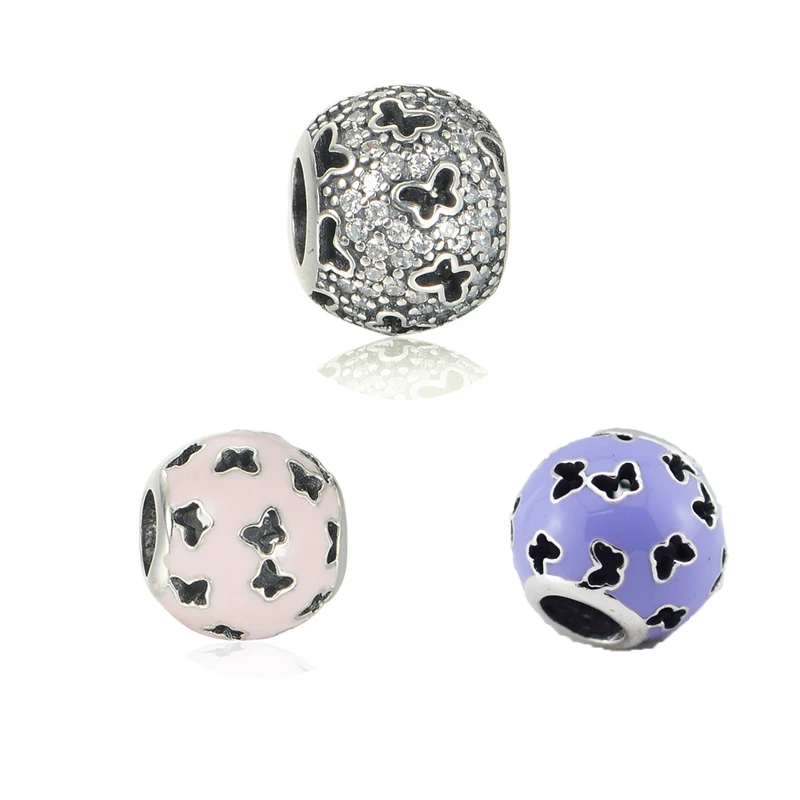 

Livraison Gratuite Clear CZ & Pink & Purple Enamel Butterflies Charm Beads for Bracelets Women Openwork Round Beads