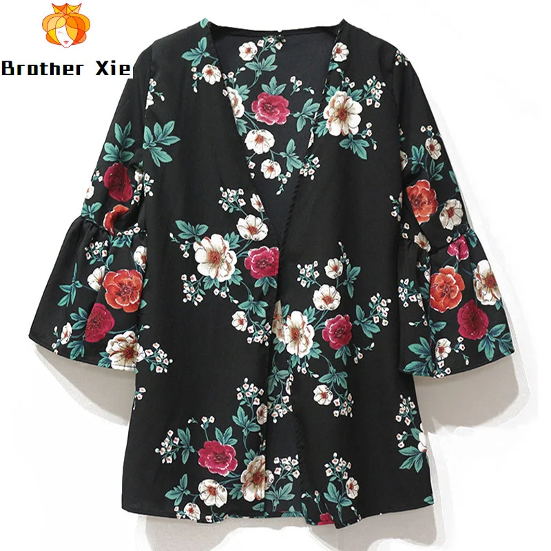 

Chiffon Blouses 2020 Fashion Women Tops and Blouses Open Front Floral Print Blouse Shirt Casual Loose Tops Tees Blusas Femininas