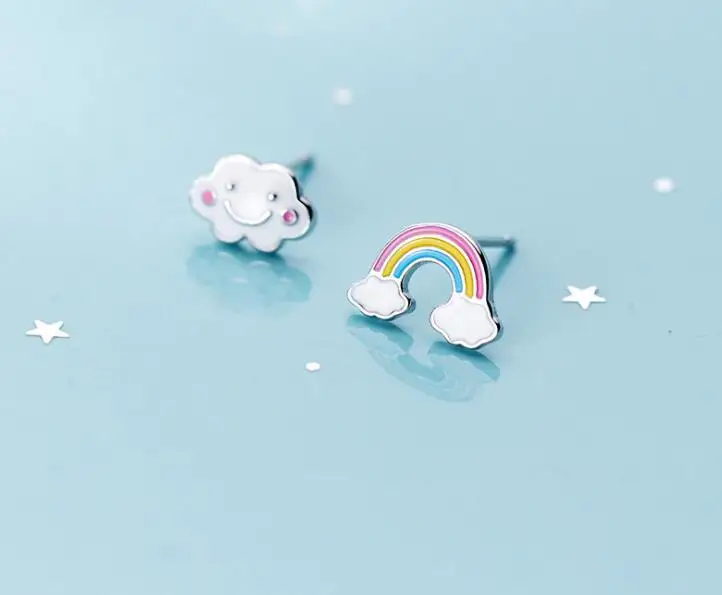 

asymmetry Earrings 100% Authentic Real 100% 925 Sterling Silver fine Jewelry colored rainbow &Cloud Stud Earrings GTLE2875